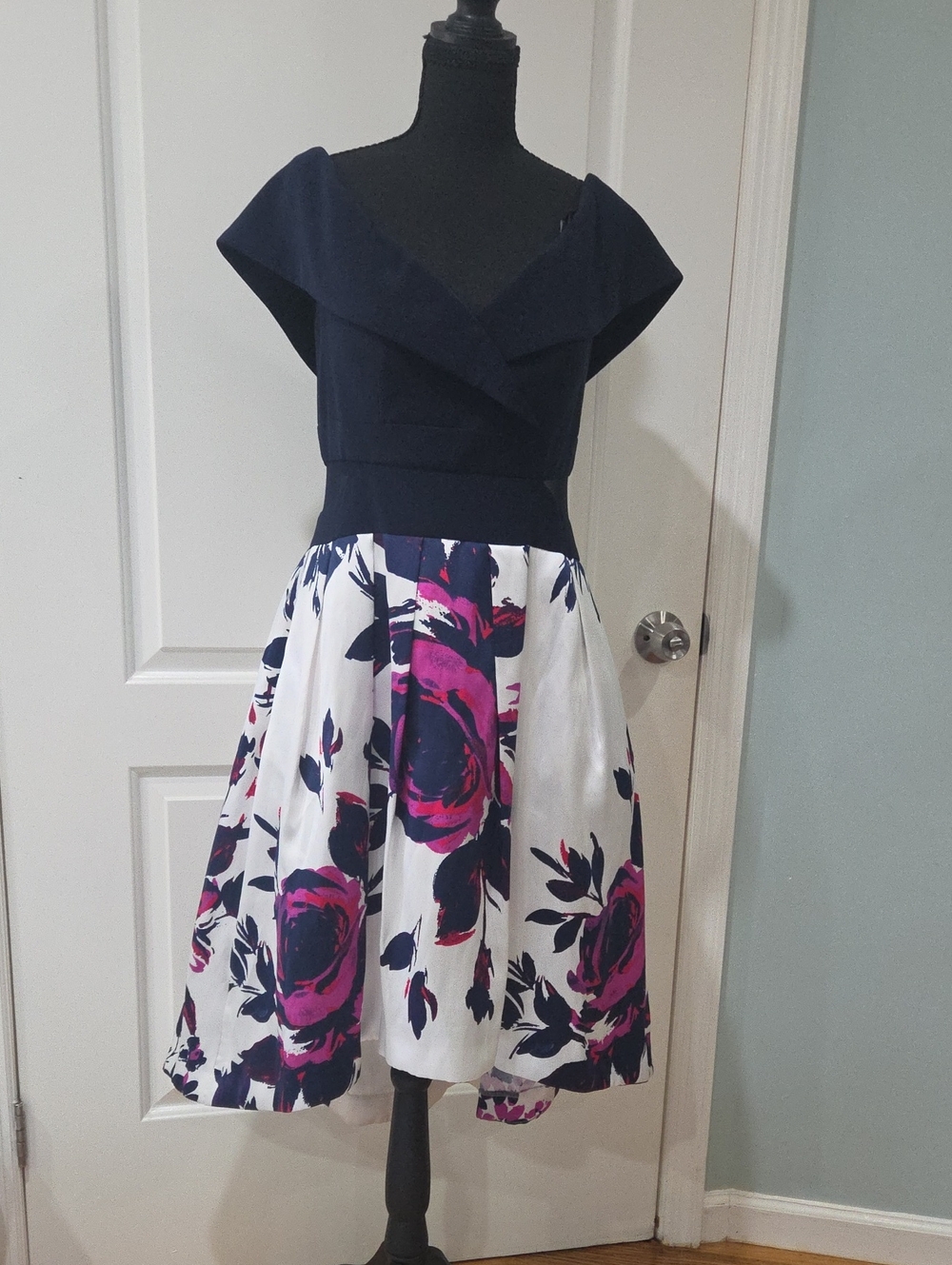Xscape Off Shoulder -Navy & White Floral  High Low Dress